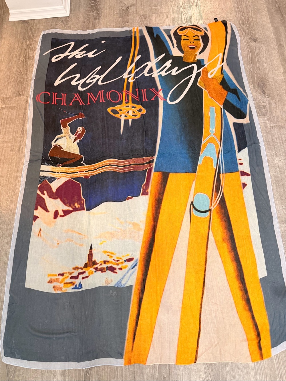 Chamonix Ski Vintage-Style Oversized Scarf Wrap - Blue & Yellow